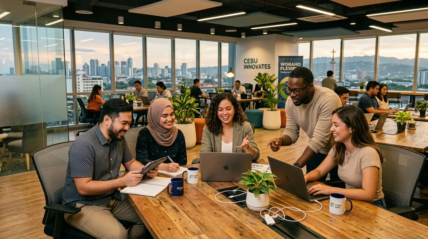 A dynamic, professional hero image showing a diverse team of professionals collaborating in a modern... A dynamic, professional hero image showing a diverse team of professionals collaborating in a modern Cebu office or co-working space, with a focus on flexible work arrangements. The mood is energetic, productive, and forward-thinking.
