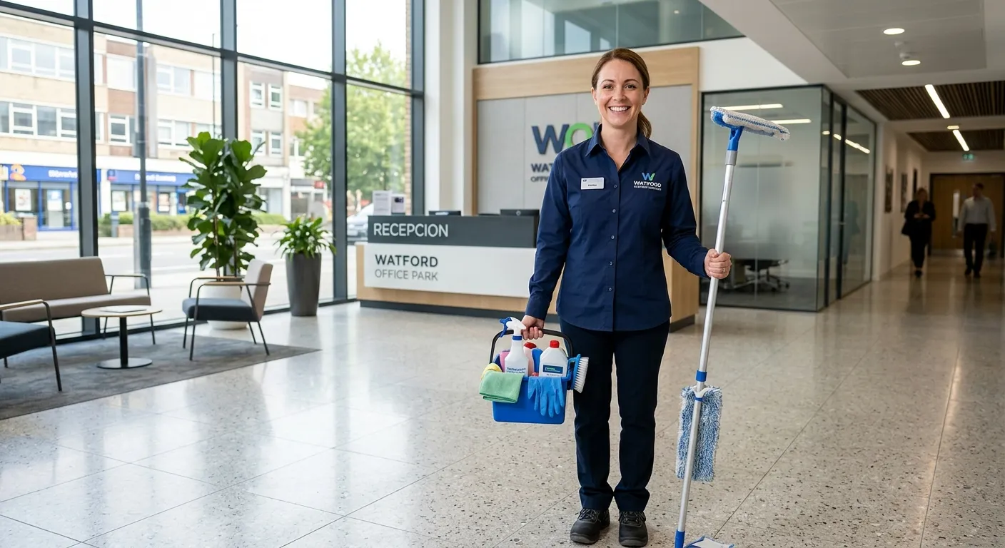 Professional, welcoming photo of a smiling cleaner in a crisp uniform holding cleaning supplies, standing in a bright, clean commercial office lobby in Watford.