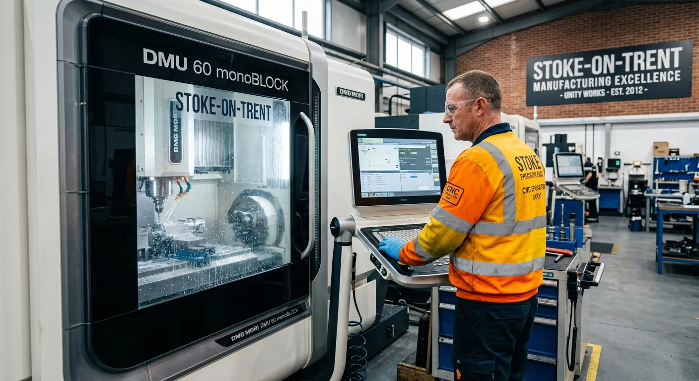 A professional, well-lit photograph of a skilled CNC Operator in a modern workshop in Stoke-on-Trent, focused on operating a CNC machine, wearing safety glasses and high-visibility clothing. The image should convey precision, industry, and local relevance.