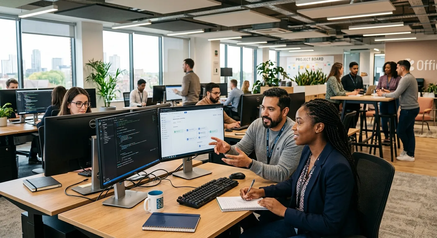 A professional, diverse office team collaborating in a modern open-plan workspace, with one team member (the temporary worker) being shown a process on a dual-monitor setup by a permanent colleague.