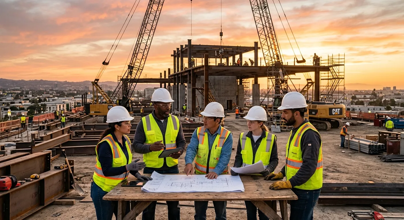 A diverse team of skilled construction and industrial workers collaborating on a large-scale project... A diverse team of skilled construction and industrial workers collaborating on a large-scale project site at sunset, symbolizing partnership, stability, and long-term planning. Professional, high-resolution, warm tone.