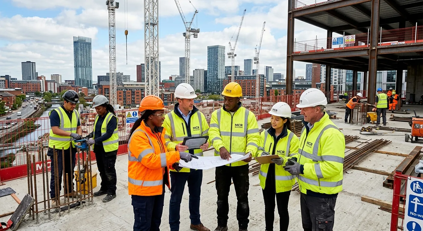 A high-energy, professional photo of a diverse team of construction labourers and site managers coll... A high-energy, professional photo of a diverse team of construction labourers and site managers collaborating on a modern Manchester construction site, with cranes and cityscape in the background. Style: Vibrant, realistic, inspiring. Mood: Professional, productive, and reliable.