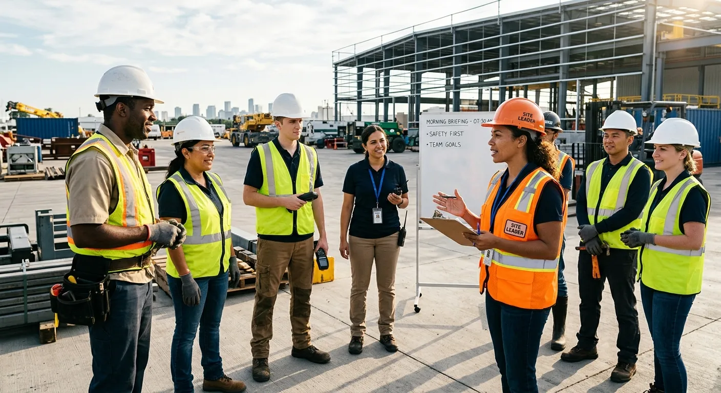 Professional, dynamic photo of a diverse group of skilled temporary workers (construction, warehouse... Professional, dynamic photo of a diverse group of skilled temporary workers (construction, warehouse, event staff) gathered for a morning briefing on a modern industrial site. Focus on teamwork, readiness, and professional attire. Style: Realistic, high-resolution, bright daylight.