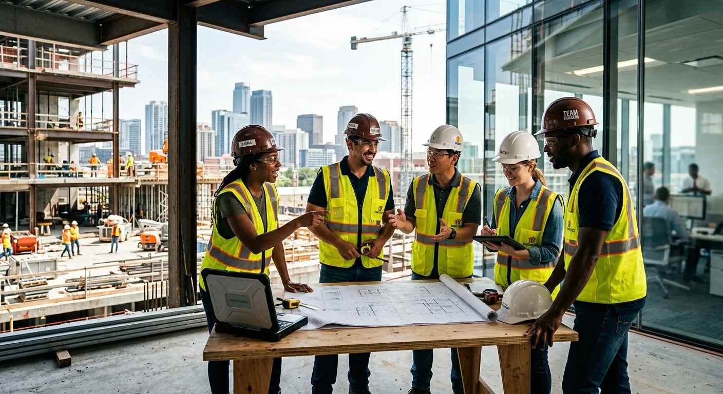 A professional, high-contrast image of a diverse team of temporary workers collaborating on a modern construction site or in a bright office setting, symbolizing flexibility and teamwork.