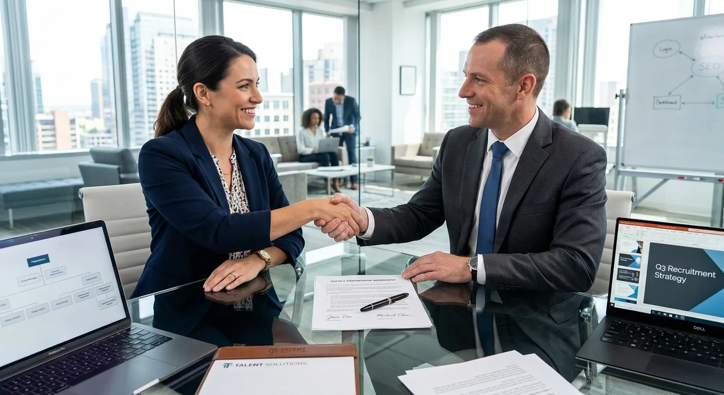 A modern, professional business setting. A hiring manager and an agency representative are shaking hands over a signed contract on a glass table, with laptops and documents in the background. Style: professional, clean, high-contrast. Mood: trustworthy, collaborative, and successful.