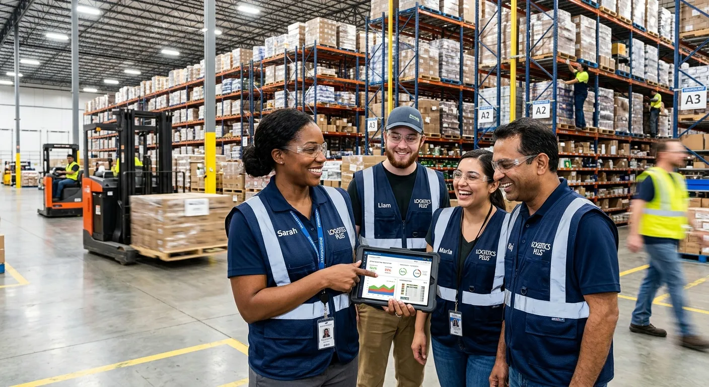 A dynamic, high-energy shot of a modern, efficient warehouse in operation. A diverse team of warehouse operatives and a manager are reviewing a digital tablet, smiling. The image conveys professionalism, technology, and teamwork. Style: Professional stock photo, bright and sharp.