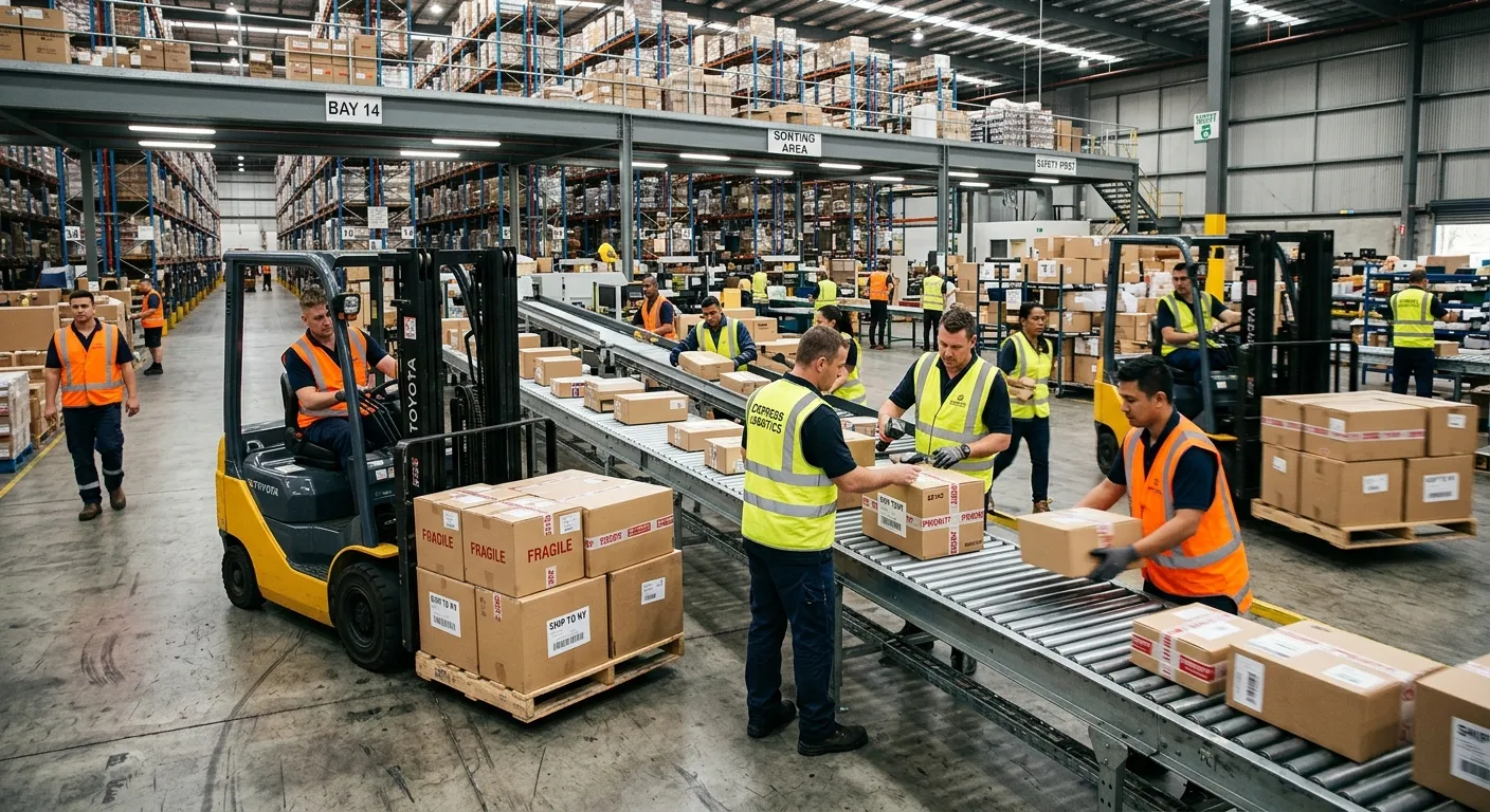 A dynamic warehouse scene showing temporary workers in high-vis vests operating forklifts and managi... A dynamic warehouse scene showing temporary workers in high-vis vests operating forklifts and managing conveyer belts alongside permanent staff, conveying urgency and teamwork.