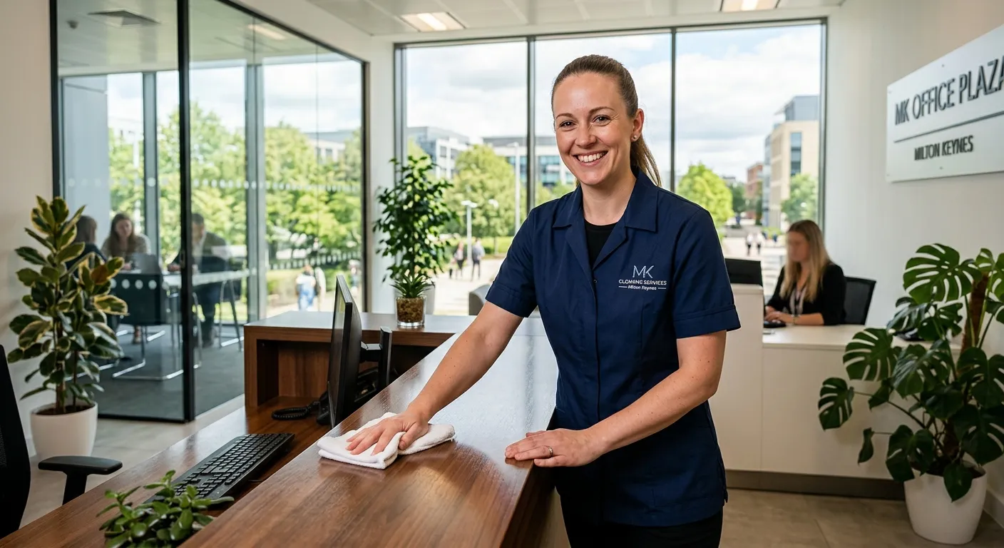 A professional, welcoming photo of a person in a crisp, clean uniform smiling while polishing a surface in a bright, well-maintained home or office in Milton Keynes. The style should be warm, inviting, and convey professionalism and trust.