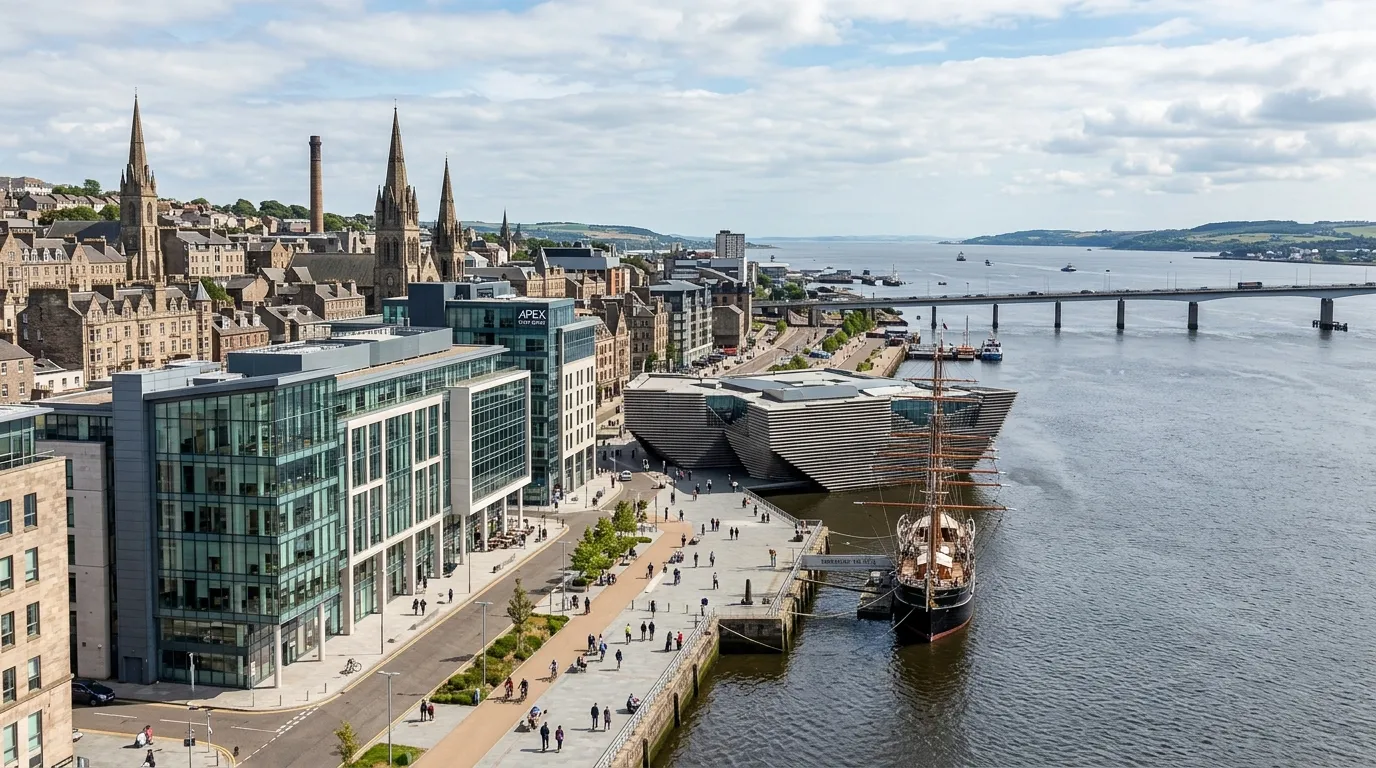 A wide-angle photo of Dundee city centre and waterfront, highlighting modern office buildings and historic architecture, symbolising the variety of cleaning environments.