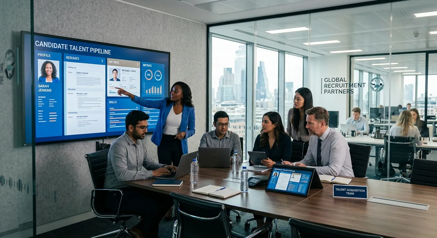 A modern, professional office setting. A diverse team of recruitment specialists in a glass-walled conference room, reviewing candidate profiles on large digital screens. Style: High-resolution, bright, and aspirational. Mood: Strategic, successful, and collaborative.