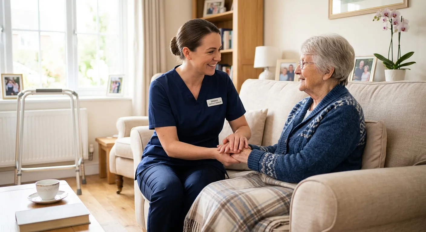 A professional, compassionate support worker assisting an elderly person in a bright, clean homecare... A professional, compassionate support worker assisting an elderly person in a bright, clean homecare setting. The image should convey trust, skill, and empathy, with a warm, natural lighting style.