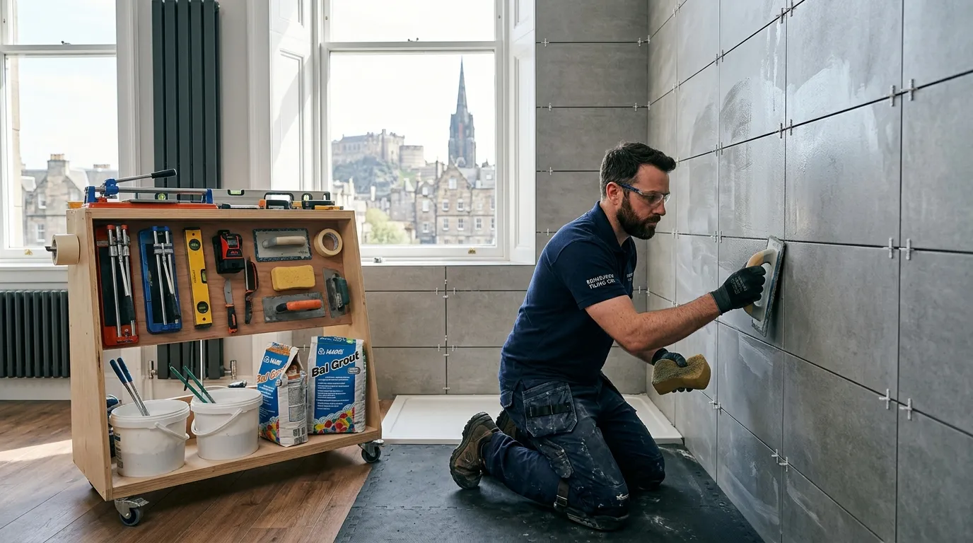 Professional hero image showing a skilled tiler in modern workwear, meticulously finishing a wall tile installation in a bright, contemporary Edinburgh property, with tools neatly arranged on a workbench.