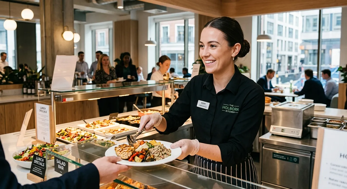 A professional, well-lit photo of a Food Service Assistant in a modern staff canteen or corporate di... A professional, well-lit photo of a Food Service Assistant in a modern staff canteen or corporate dining setting in Holborn. They are smiling, wearing a clean uniform, and presenting food at a serving counter. The mood is professional, efficient, and welcoming.