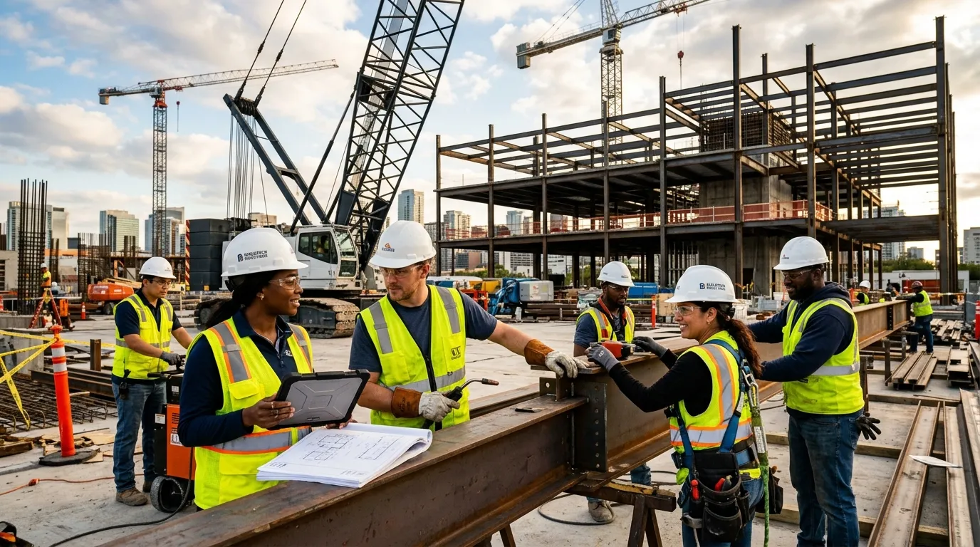 A dynamic, high-resolution hero image of a diverse team of construction professionals on a modern building site. They are engaged in collaborative work, wearing high-visibility gear and hard hats, with cranes and structured steel in the background. Style is professional, inspiring, and conveys capability and teamwork.