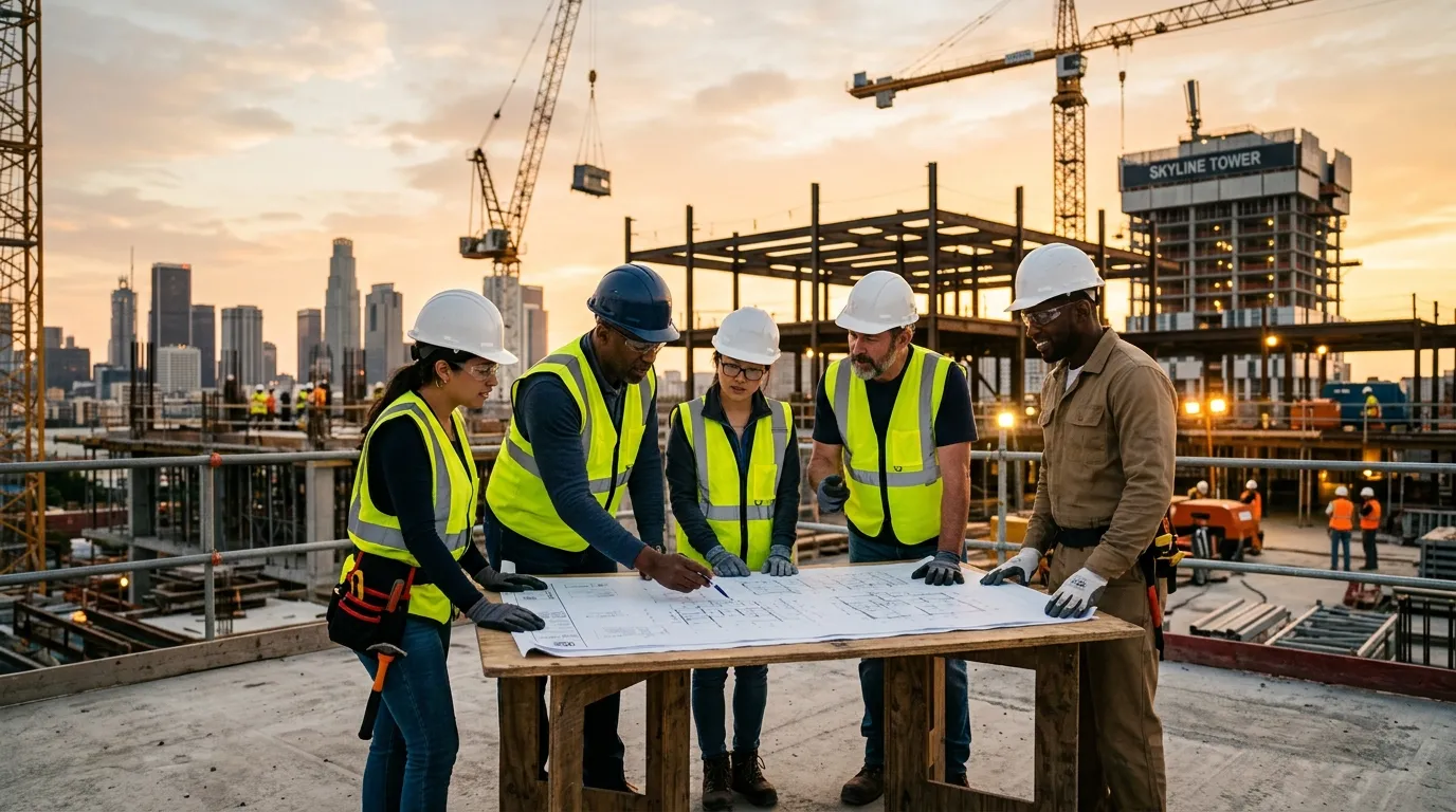 A dynamic, high-resolution hero image of a diverse group of skilled construction workers and a site... A dynamic, high-resolution hero image of a diverse group of skilled construction workers and a site manager reviewing blueprints on a modern construction site at golden hour, conveying professionalism, teamwork, and industry expertise.