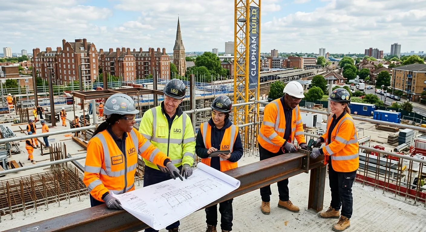 A professional, high-energy photo of a diverse construction team on a modern London building site, with the Clapham skyline visible in the background. Focus on skilled workers collaborating, wearing high-visibility gear and safety helmets, exuding competence and teamwork. Style: Professional, vibrant, and inspiring.
