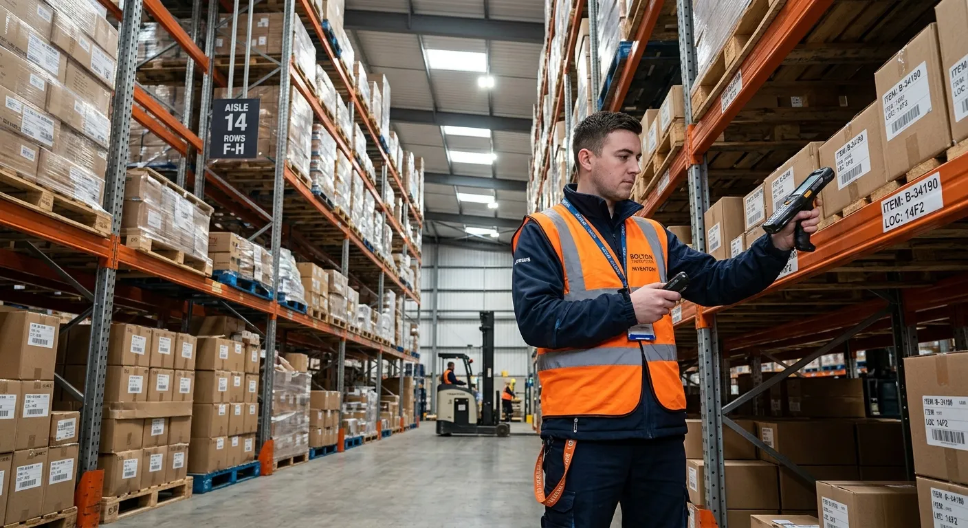A professional inventory clerk in a high-bay warehouse in Bolton, using a handheld scanner to check... A professional inventory clerk in a high-bay warehouse in Bolton, using a handheld scanner to check stock on metal shelving, wearing a high-vis vest and safety shoes, looking focused and efficient.