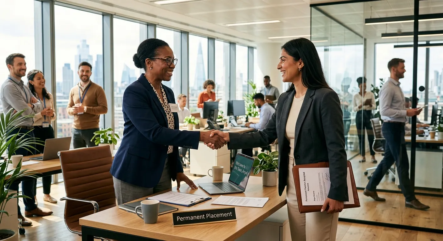 A professional, high-energy office scene with a diverse hiring manager and candidate shaking hands in a modern, sunlit workspace, symbolizing successful permanent placement.