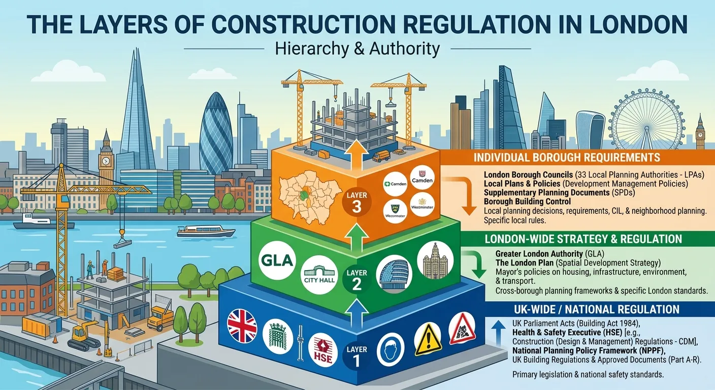 A detailed infographic showing the layers of construction regulation in London, from UK-wide HSE at... A detailed infographic showing the layers of construction regulation in London, from UK-wide HSE at the base, moving up through the London Plan, to individual borough requirements at the top.