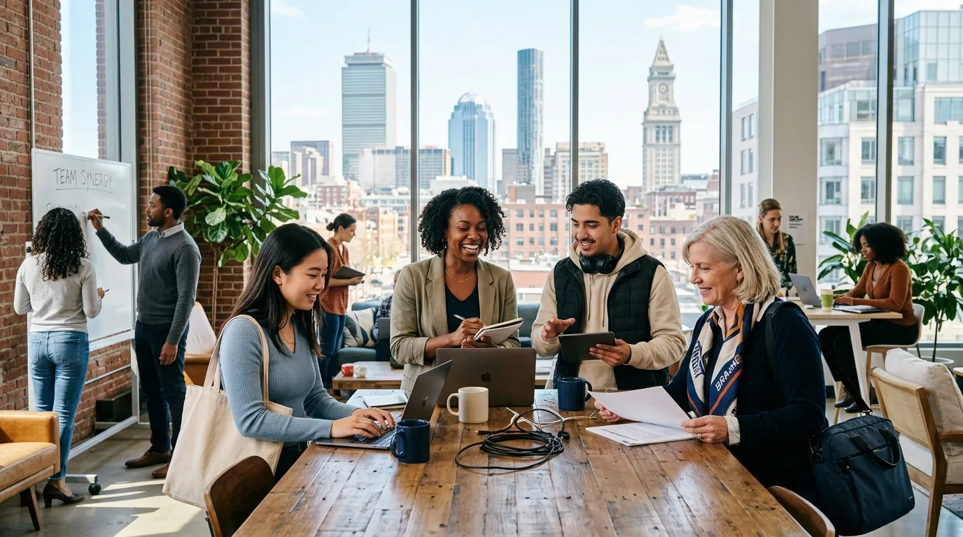 A dynamic, professional hero image showing a diverse group of part-time workers in a Boston setting, such as a modern co-working space, a bustling café, or a tech office. The image should convey energy, flexibility, and professionalism, shot in a bright, optimistic style.