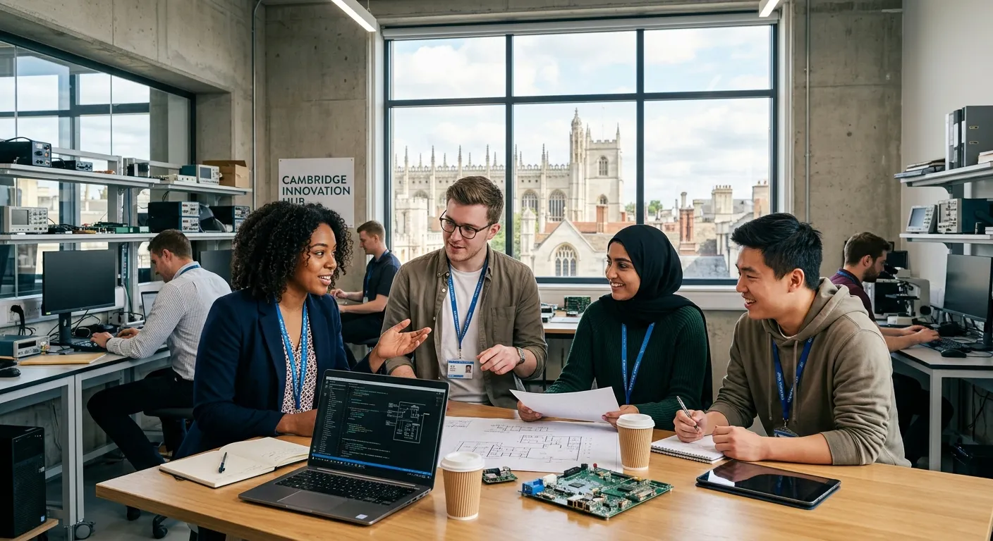 A professional, high-energy photo of diverse temporary workers collaborating in a modern Cambridge office or tech lab, with the historic Cambridge skyline subtly visible through a window. Style: Vibrant, professional, and inclusive. Mood: Dynamic, productive, and forward-thinking.
