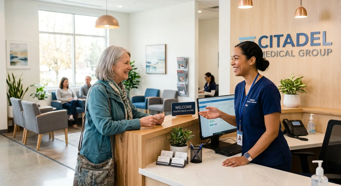 A professional, well-lit photograph of a modern medical clinic reception area. A friendly Medical Assistant Front Office staff member is warmly greeting a patient at the desk. The mood is welcoming, efficient, and clean.