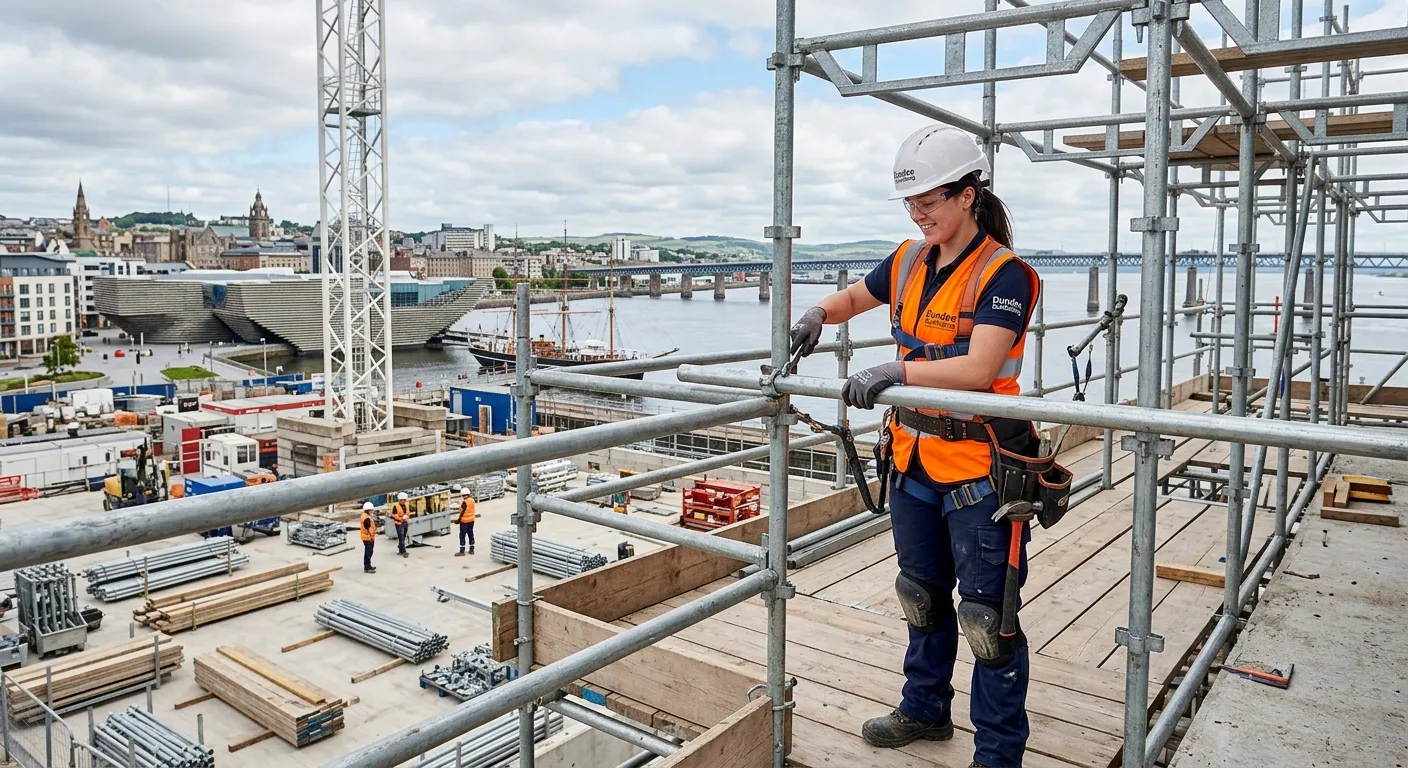 A professional, well-composed photograph of a skilled Scaffold Labourer in a high-visibility vest, s... A professional, well-composed photograph of a skilled Scaffold Labourer in a high-visibility vest, safely assembling scaffolding on a modern construction site in Dundee, with the cityscape visible in the background. The image should convey safety, professionalism, and active work.