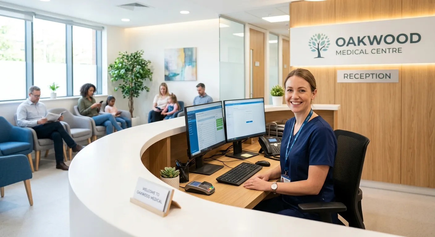 A professional, welcoming image of a modern medical reception area in a clinic or GP surgery, with a friendly secretary at a computer workstation, smiling. Style: professional stock photo, bright and clean, conveying efficiency and care.