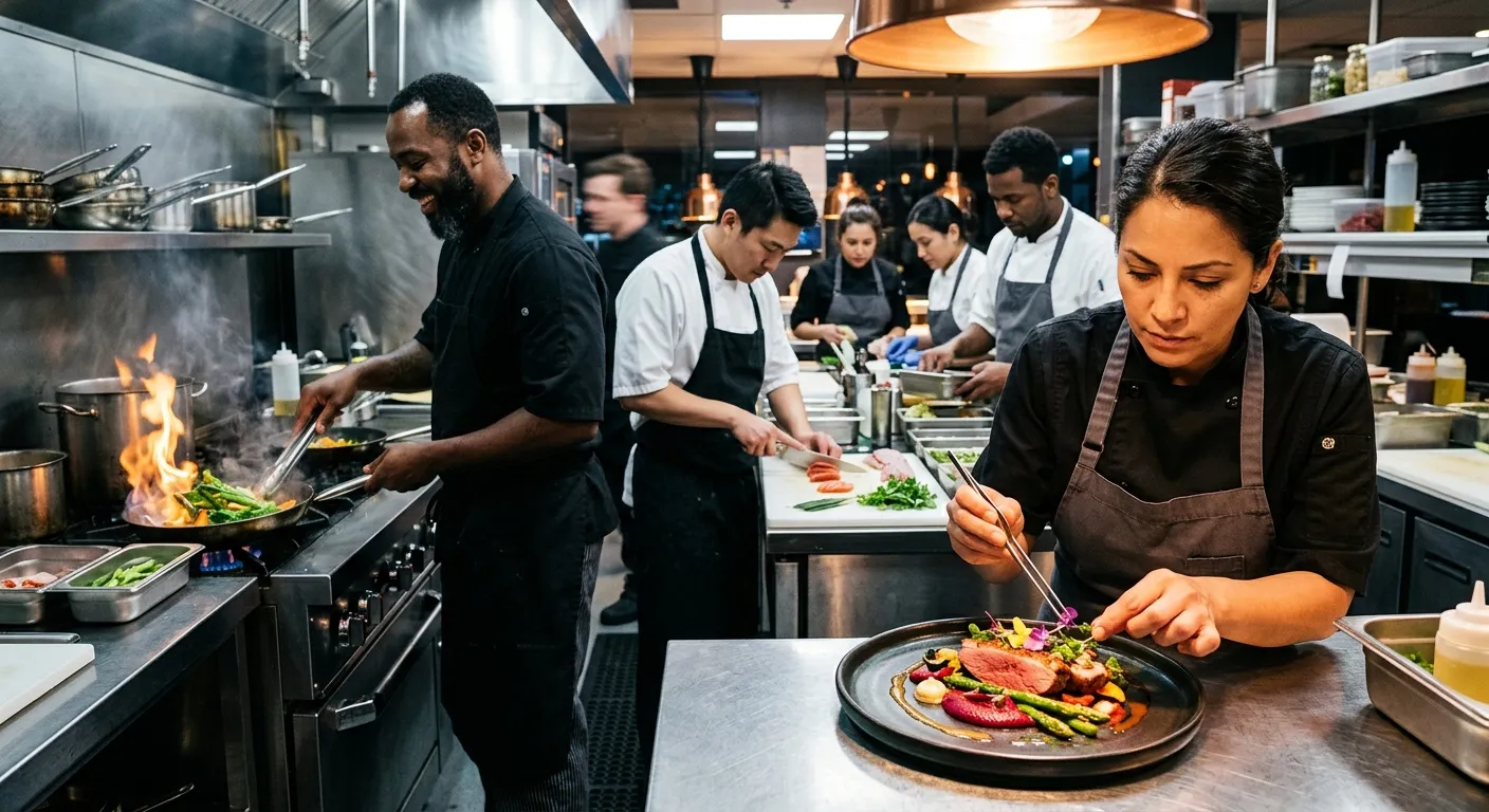 A high-contrast, professional photo of a diverse team of chefs in a modern, bustling kitchen. One chef is plating an exquisite dish, others are preparing ingredients. The mood is dynamic, skilled, and high-energy, with a focus on sharp details and vibrant food colors.
