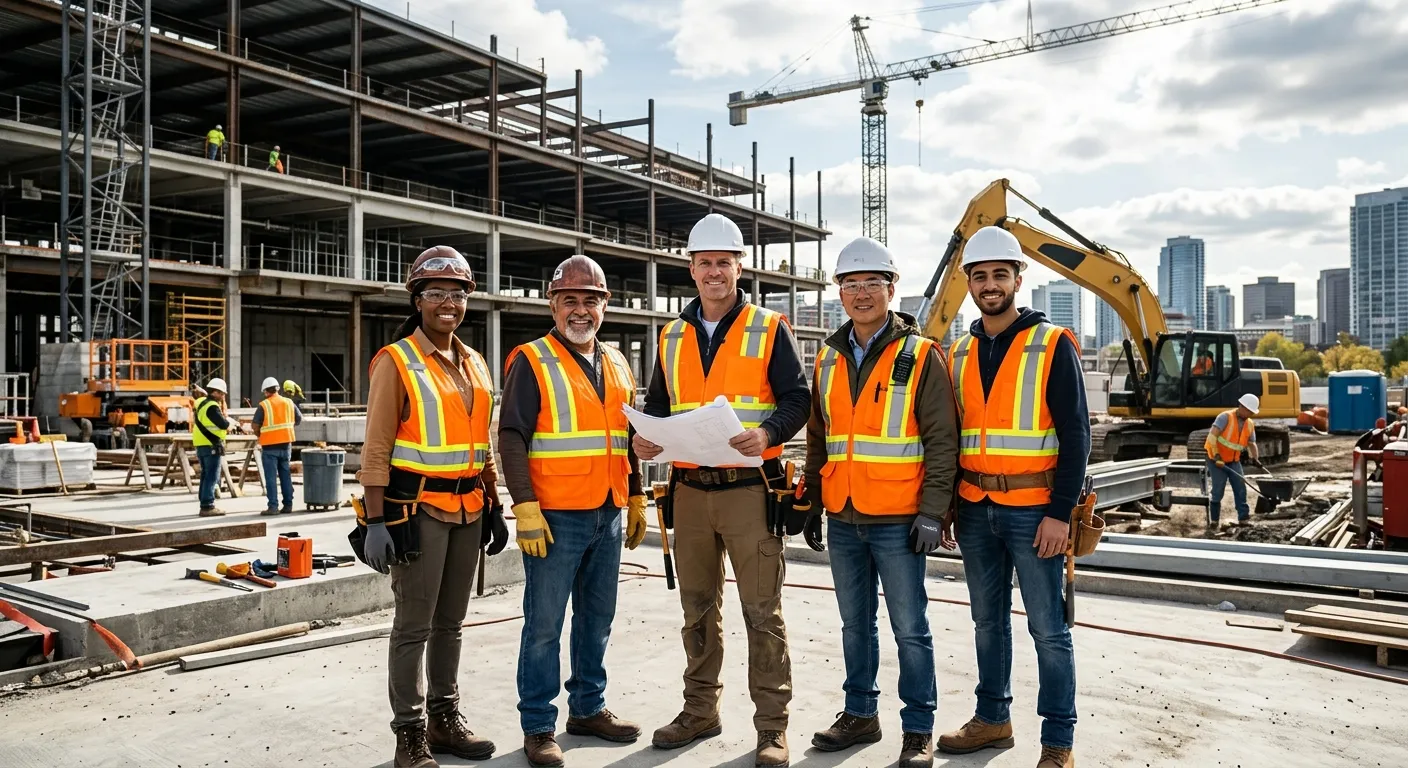 A professional, diverse group of skilled contractors on a modern construction site, looking confiden... A professional, diverse group of skilled contractors on a modern construction site, looking confidently at the camera. They are wearing high-visibility vests and safety gear, with a bustling worksite in the background. Style: Professional, aspirational, and high-contrast. Mood: Confident, reliable, and productive.