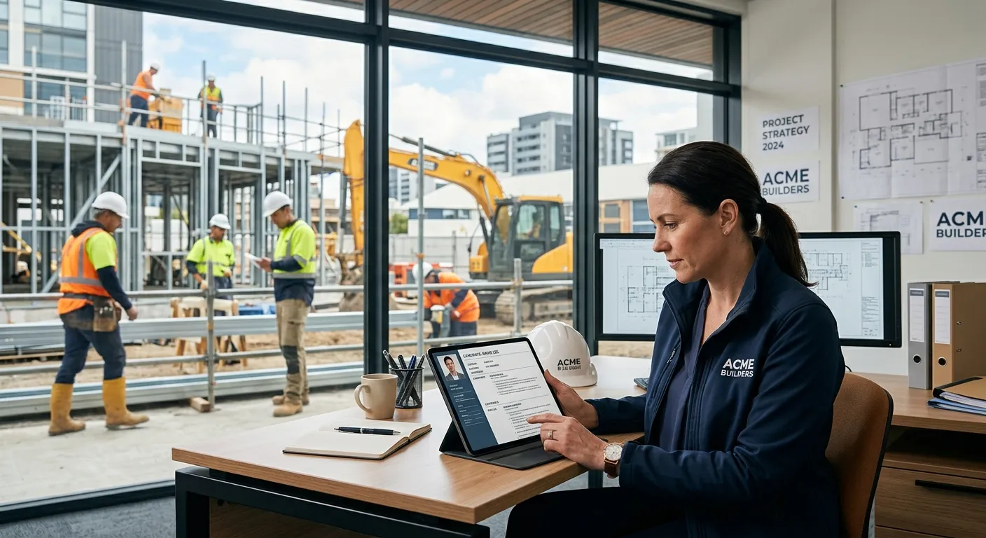 A professional, high-resolution image of a modern construction site office with a manager reviewing candidate CVs on a tablet, with skilled workers visible in the background. Style: Professional, aspirational, focused. Mood: Strategic, successful, forward-thinking.