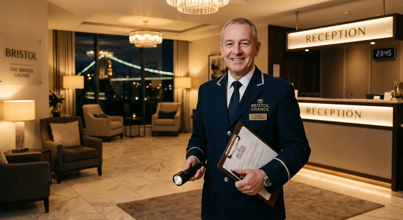 Professional, welcoming image of a Night Porter in a smart uniform, holding a torch and clipboard, standing in the well-lit lobby of a hotel or residential building in Bristol. The image should convey trust, security, and professionalism.