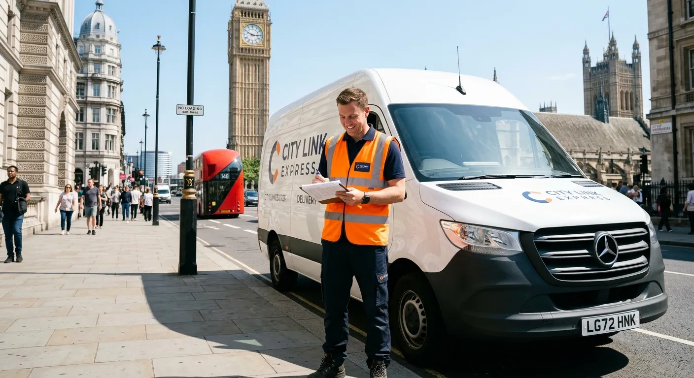 Professional male driver in hi-vis vest, smiling, checking a delivery manifest next to a clean moder... Professional male driver in hi-vis vest, smiling, checking a delivery manifest next to a clean modern van on a street in Westminster, London. Bright, clear day, professional and trustworthy mood.