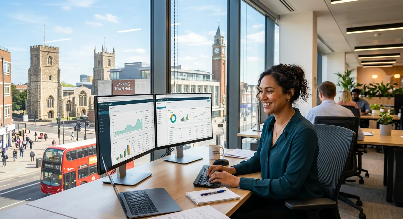 A professional, friendly-looking person of diverse background working on accounts software in a modern office environment, with a focus on Barking landmarks visible through a window, style is bright, clean, and trustworthy.