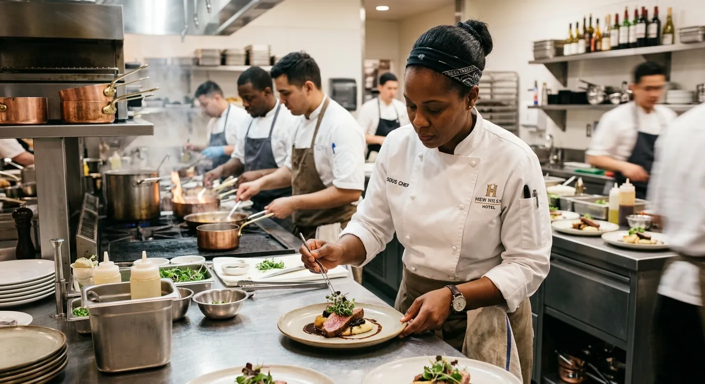 A dynamic, professional shot of a Hotel Sous Chef in a pristine, busy hotel kitchen. The chef is in... A dynamic, professional shot of a Hotel Sous Chef in a pristine, busy hotel kitchen. The chef is in crisp whites, confidently plating a dish while supervising other cooks. The mood is energetic, precise, and high-end.