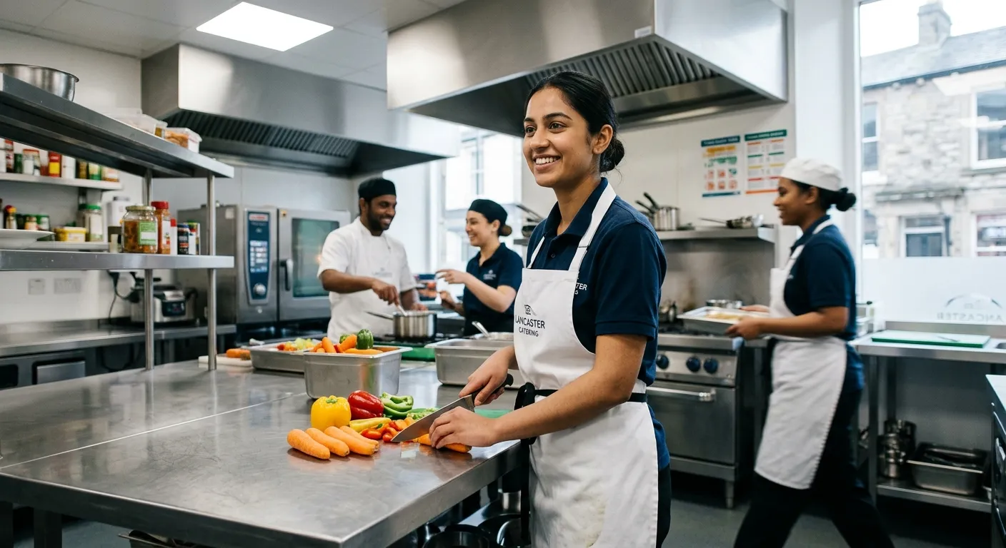 A professional, well-lit image of a Kitchen Assistant in a busy, modern commercial kitchen in Lancas... A professional, well-lit image of a Kitchen Assistant in a busy, modern commercial kitchen in Lancaster, smiling and working efficiently. They are wearing a clean uniform and are engaged in food preparation. The image should convey a sense of teamwork, hygiene, and opportunity.