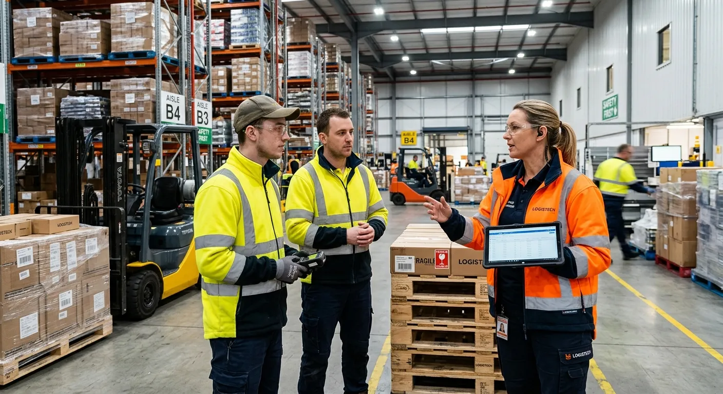 A Warehouse Supervisor in high-vis clothing stands in a modern, well-lit warehouse aisle, holding a... A Warehouse Supervisor in high-vis clothing stands in a modern, well-lit warehouse aisle, holding a tablet and speaking with two operatives next to pallets. The image conveys leadership and a busy, organised environment.