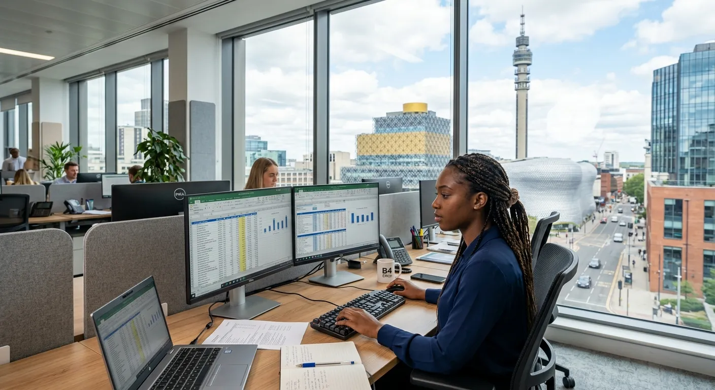 Professional photo of a focused individual working on data entry in a modern, well-lit Birmingham B4... Professional photo of a focused individual working on data entry in a modern, well-lit Birmingham B4 office environment, showing a computer screen with spreadsheets and a cityscape of Birmingham in the background.