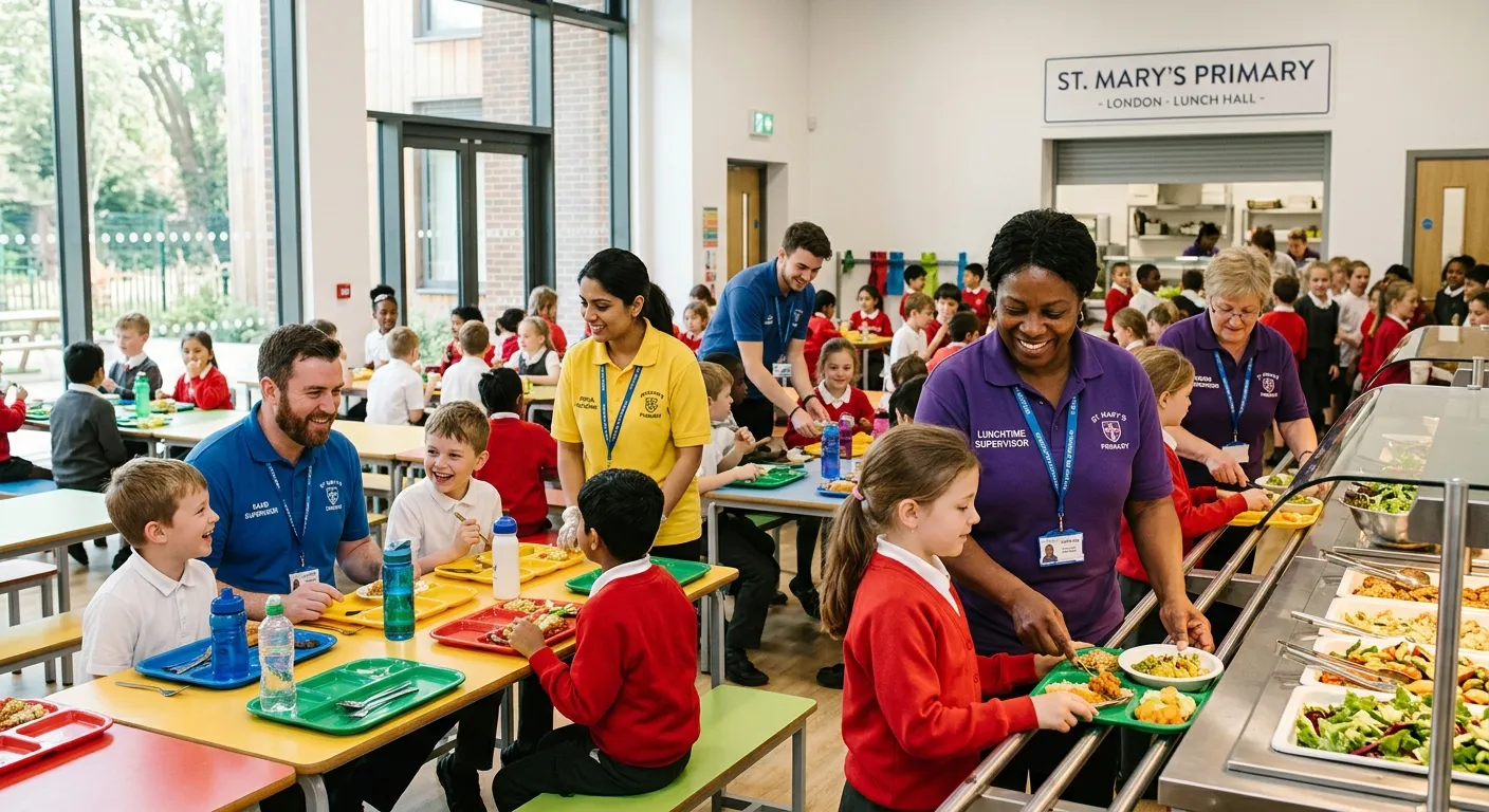 A professional, welcoming image of a diverse group of Lunchtime Supervisors in a bright, modern school dining hall in London. They are smiling, engaging with children, and managing the lunch service. The style is realistic, warm, and professional, conveying a sense of community and responsibility.
