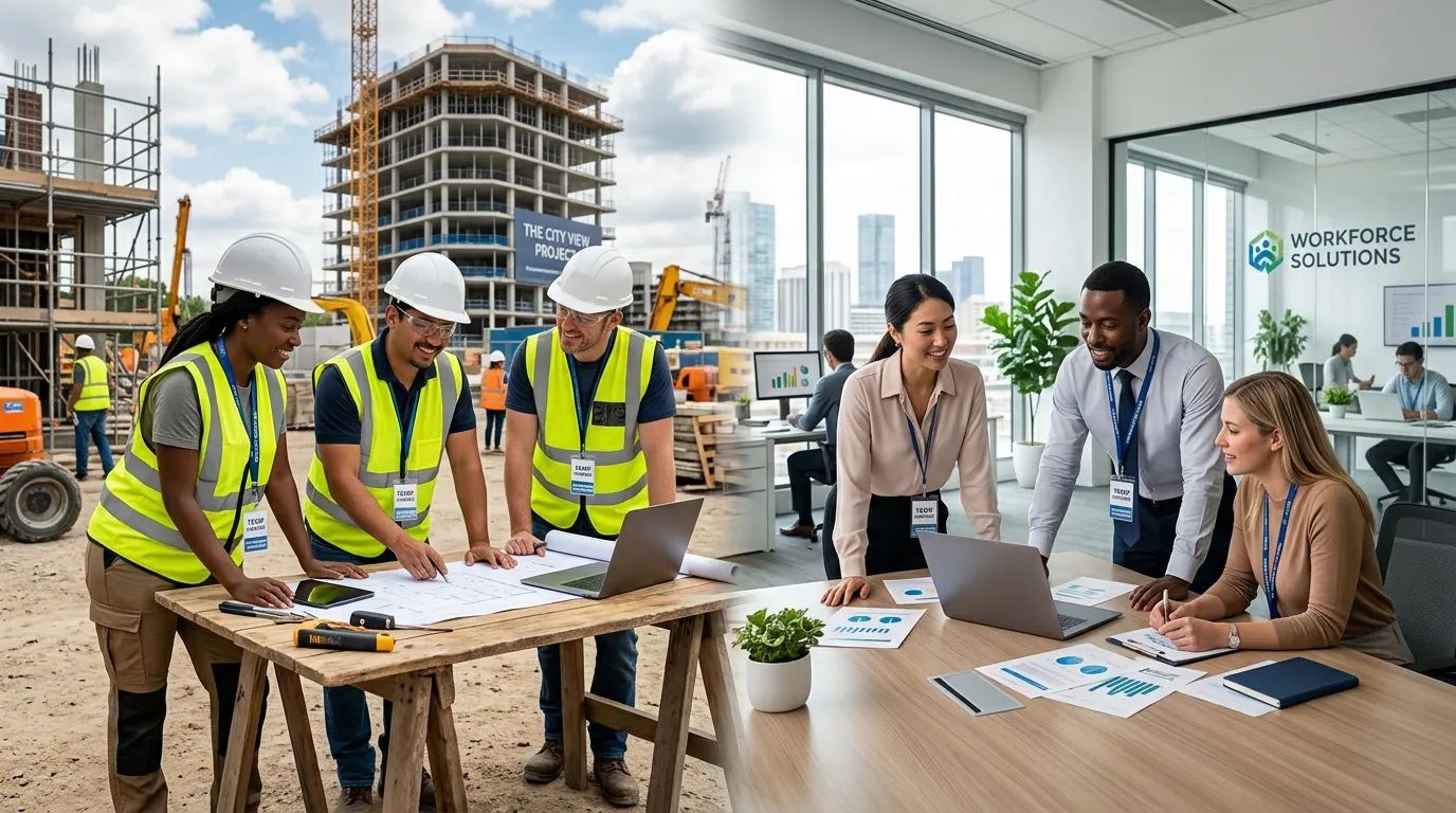 A dynamic, professional hero image showing a diverse group of temporary workers in high-visibility vests and professional attire collaborating on a modern construction site and in a bright office setting, symbolizing flexible workforce solutions across industries.