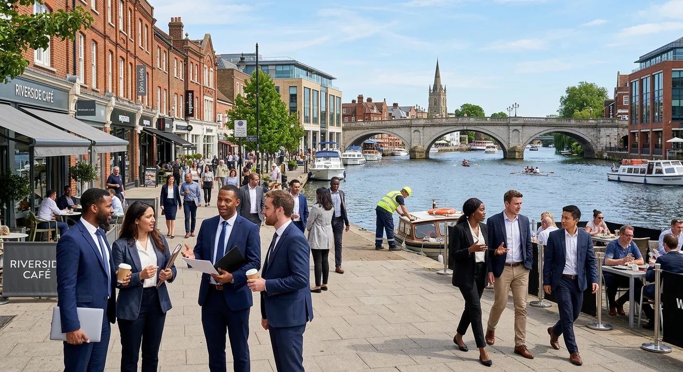 A professional, wide-angle shot of Kingston Upon Thames town centre, blending historic architecture with modern business activity. Focus on diverse groups of professionals and workers interacting, with the River Thames in the background. Style: Vibrant, professional, and aspirational.