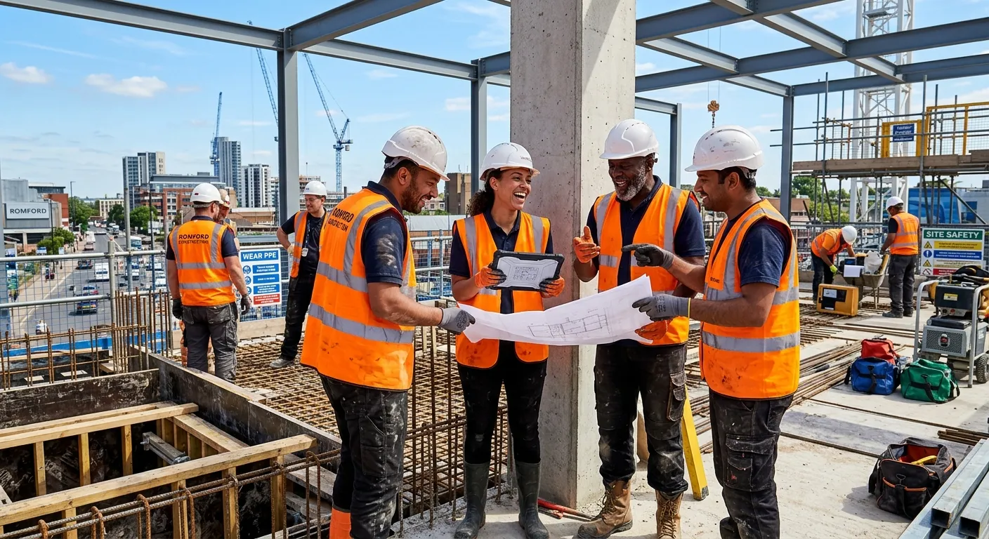 A professional, high-energy photograph of a diverse team of Site Operatives in high-visibility vests collaborating on a modern construction site in Romford, with clear blue skies and a focus on teamwork and safety.