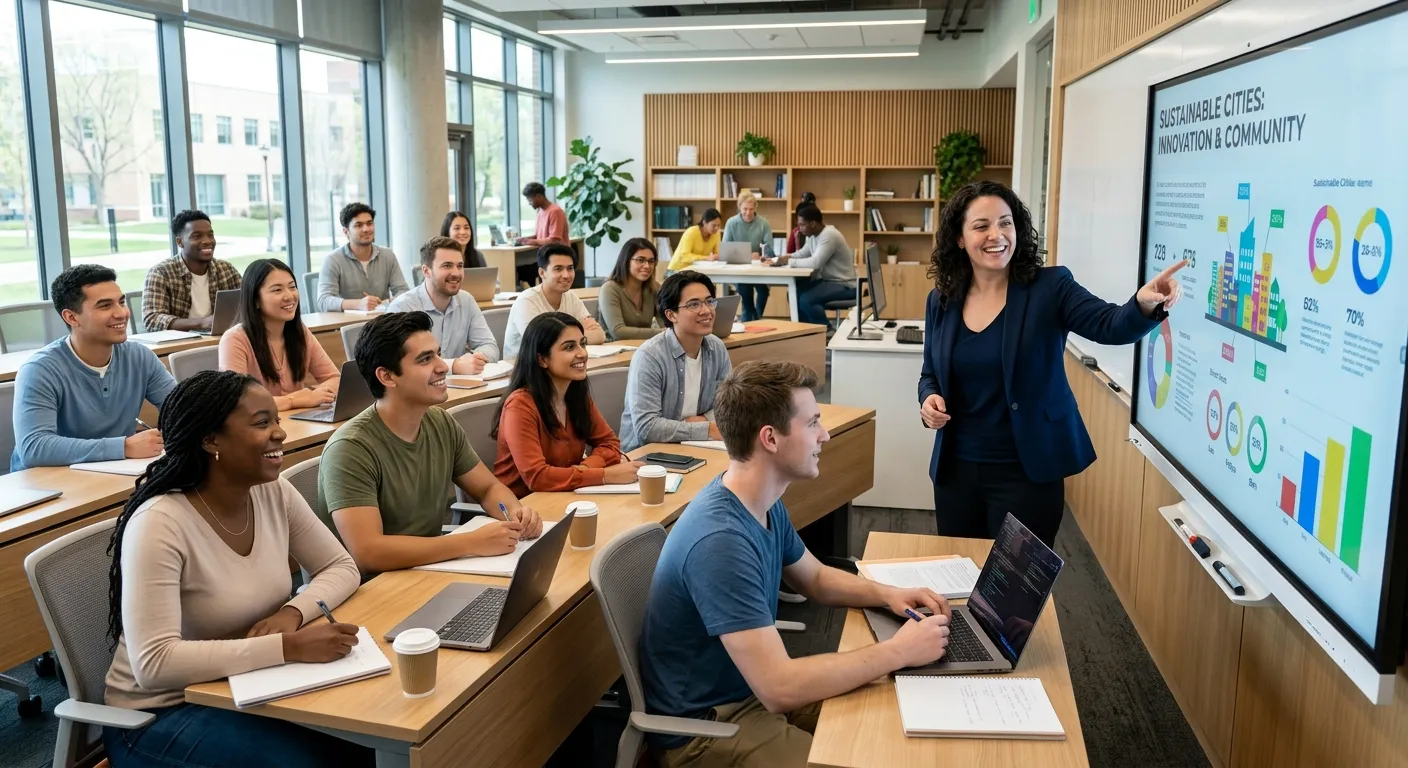 A diverse group of engaged students listening attentively to a teacher in a modern, bright classroom. The teacher is smiling and pointing to a smart board. Style: Professional, inspiring, high-resolution. Mood: Hopeful, intellectual, and collaborative.