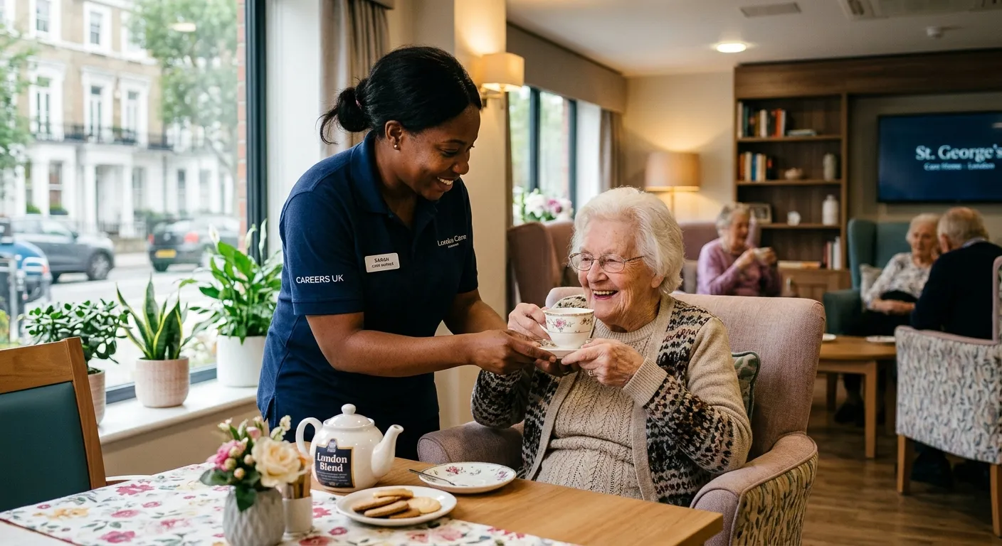 A professional, warm photograph of a Care Worker in a modern London care home setting, assisting a s... A professional, warm photograph of a Care Worker in a modern London care home setting, assisting a smiling elderly resident with a cup of tea. The style should be authentic and human, conveying compassion and professionalism. Mood: Trustworthy, caring, and local to London.