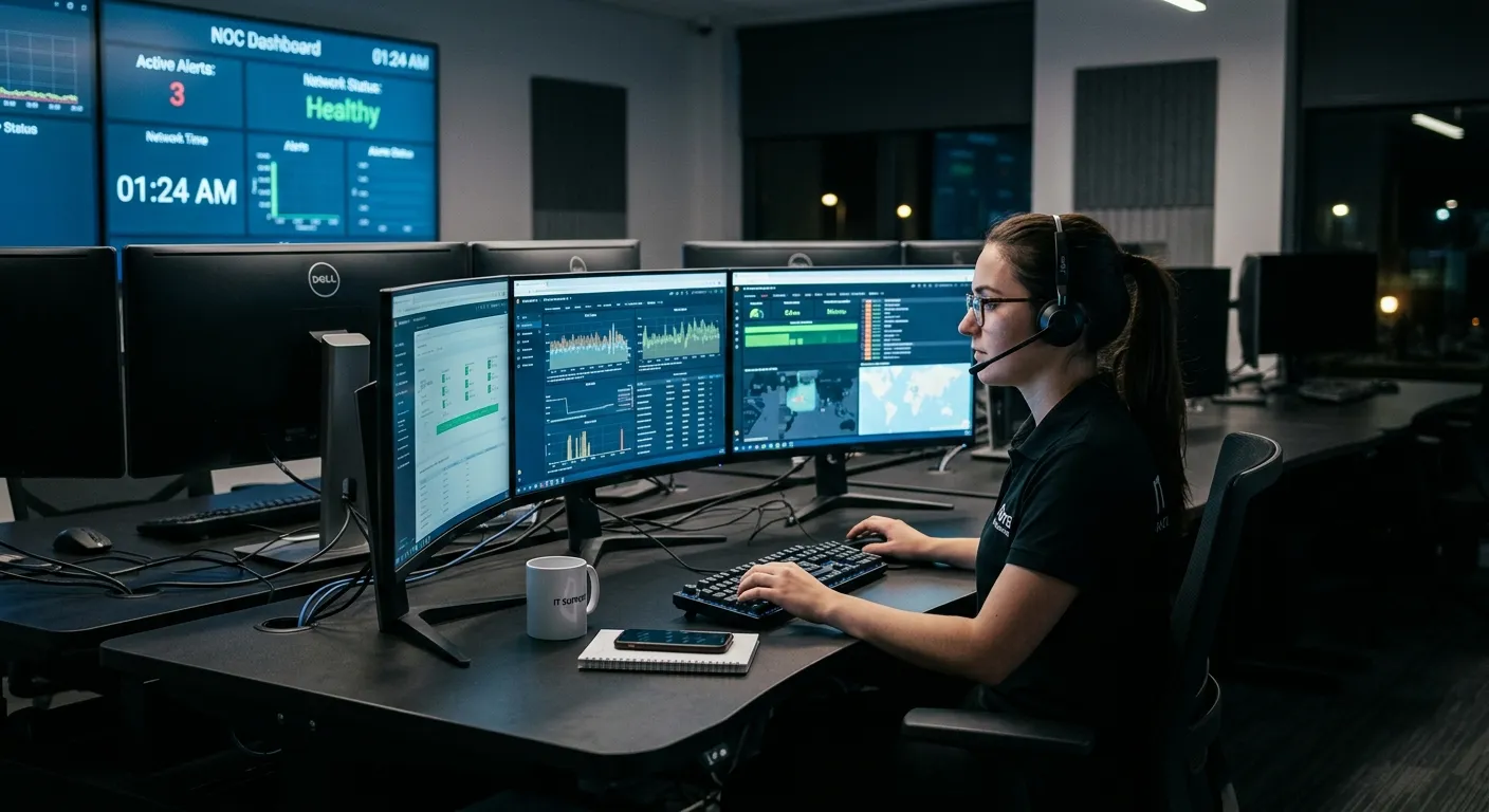 A modern, professional help desk environment at night, with multiple monitors showing network dashbo... A modern, professional help desk environment at night, with multiple monitors showing network dashboards and a focused support technician wearing a headset, bathed in the cool glow of screen light. Style: Professional, atmospheric, focused.