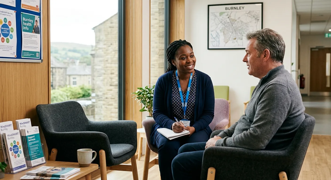 A professional and compassionate photo of a Mental Health Support Worker in a modern healthcare sett... A professional and compassionate photo of a Mental Health Support Worker in a modern healthcare setting in Burnley, engaging respectfully with a client. The image should convey trust, support, and a positive work environment. Style: Warm, authentic, and professional.