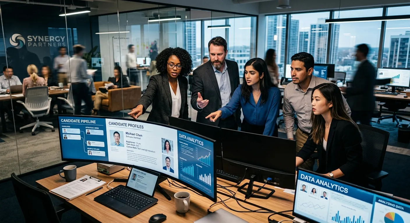 A professional, high-contrast image of a diverse headhunter team in a modern office, collaboratively reviewing candidate profiles on multiple screens. The mood is focused, strategic, and high-energy.