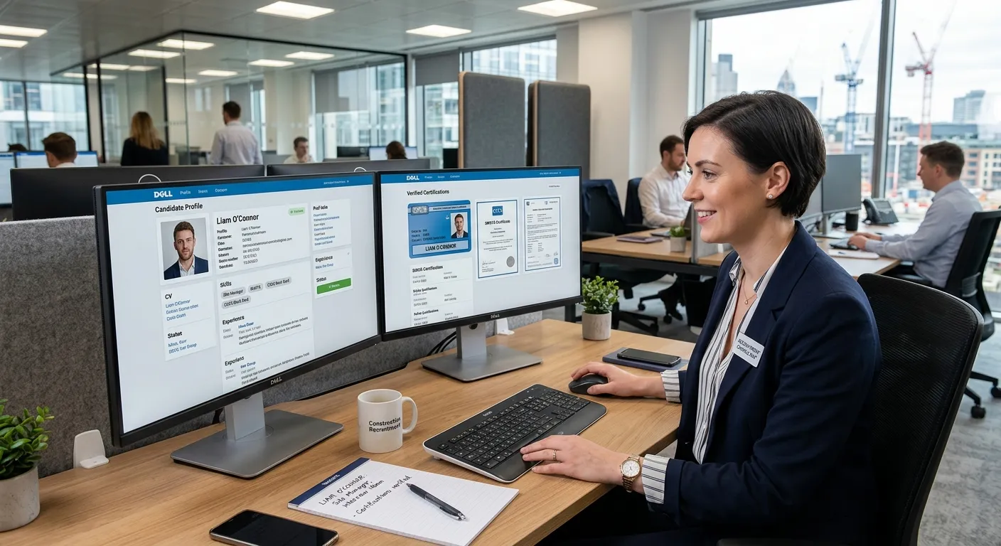 A professional, high-resolution image of a construction recruitment consultant reviewing digital candidate profiles and certifications on a dual-monitor setup in a modern office. Focus on efficiency and technology.