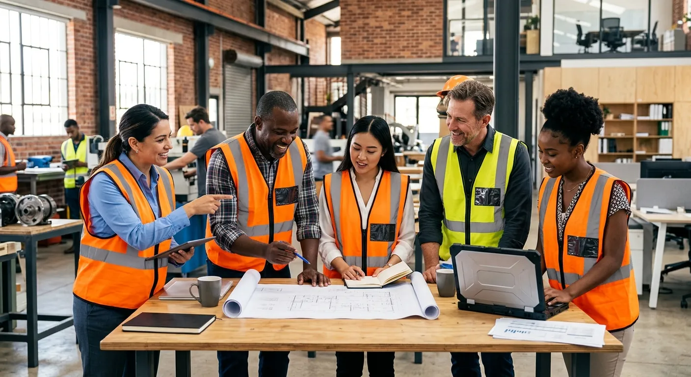A dynamic, professional photo of a diverse team of temporary workers in high-visibility vests and bu... A dynamic, professional photo of a diverse team of temporary workers in high-visibility vests and business casual attire collaborating in a modern industrial office setting. The mood is energetic, competent, and forward-thinking.