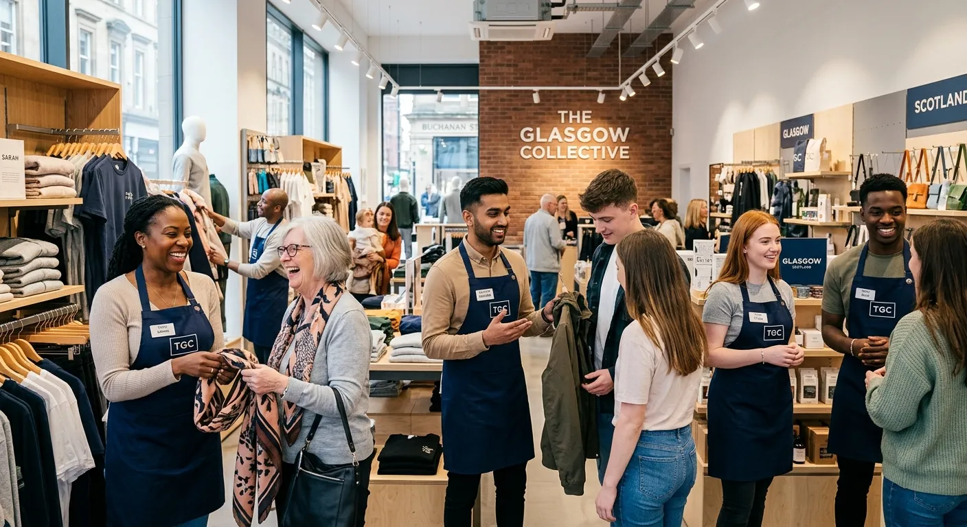 A professional, welcoming image of a diverse team of Shop Assistants in a modern Glasgow retail envi... A professional, welcoming image of a diverse team of Shop Assistants in a modern Glasgow retail environment, smiling and assisting customers. Bright, clean, and inviting atmosphere.